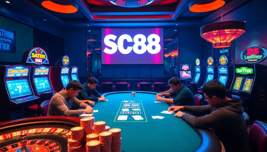 Players enjoying a thrilling game at SC88 casino table with chips and cards.