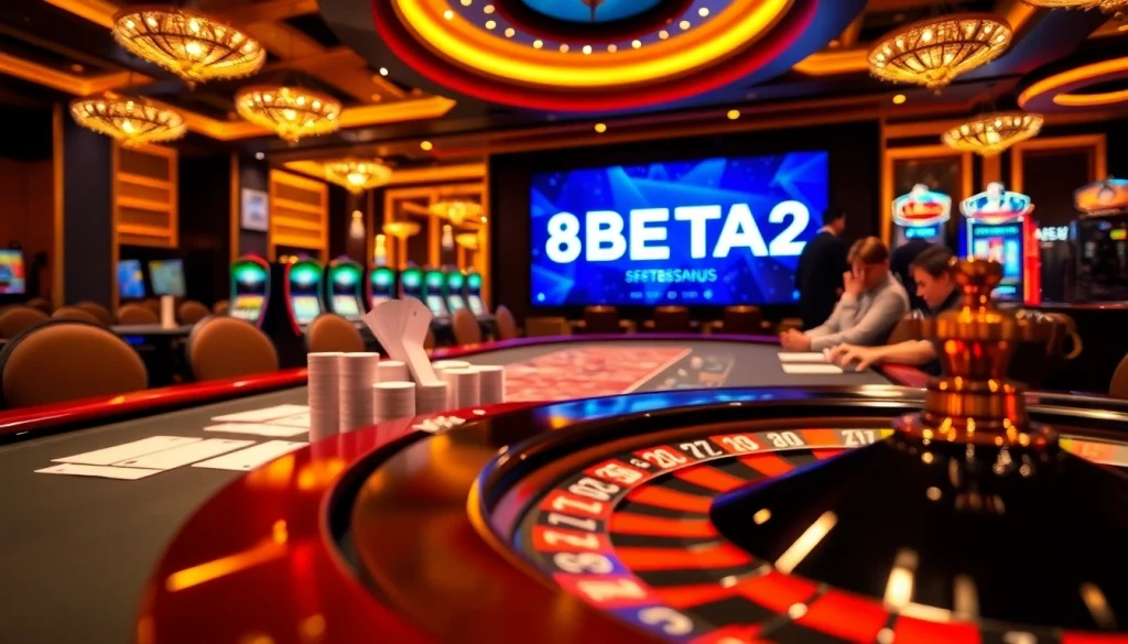 Players engaging with F8BETA2 gaming experience at a vibrant poker table.