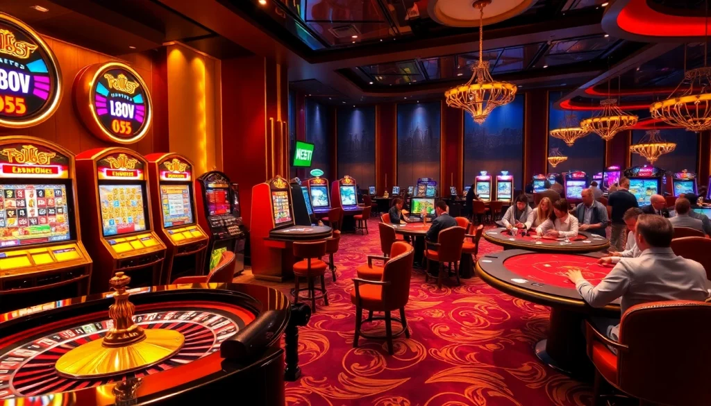 F8BET online gambling scene showcasing vibrant slot machines and engaged players