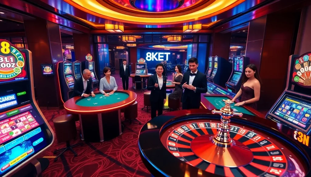 8KBET casino scene showcasing poker tables, slot machines, and roulette in an upscale environment.