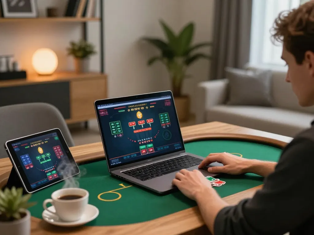 J88vip1 player enjoying poker strategy on a laptop in a stylish home office.