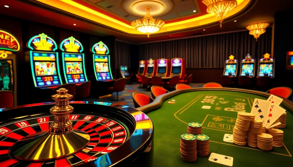 A thrilling casino game depiction featuring the tg88 logo on slot machines and a vibrant roulette wheel.