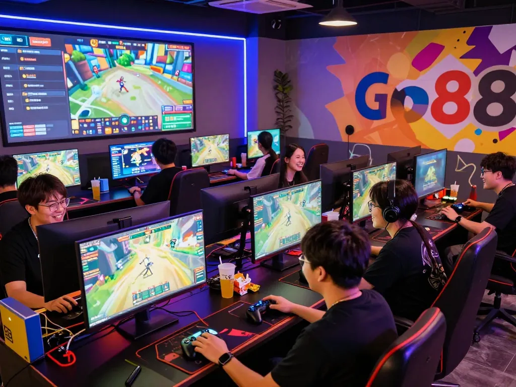 Players enjoying Go88 không bị chặn in a vibrant gaming lounge, showcasing competitive spirit and community.