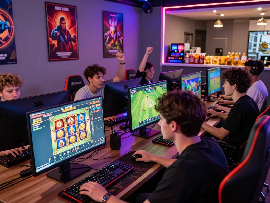 Players enjoying Game Kwin in a lively gaming lounge with vibrant decor and neon lights.