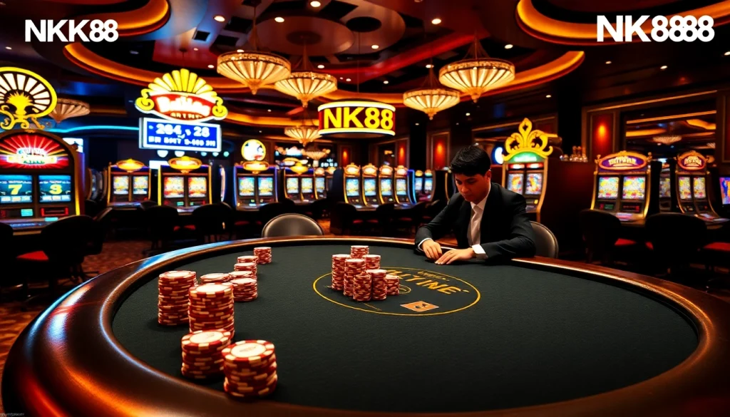 Engaging gambling scene at NK88 showcasing players enjoying poker and vibrant casino atmosphere