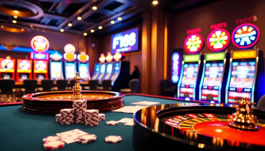 F168 casino table featuring poker chips and exciting gameplay in a luxury setting.