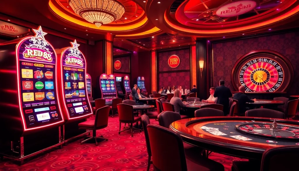 Players enjoying a dynamic gaming experience at RED88 with poker tables, slot machines, and roulette wheels in view.