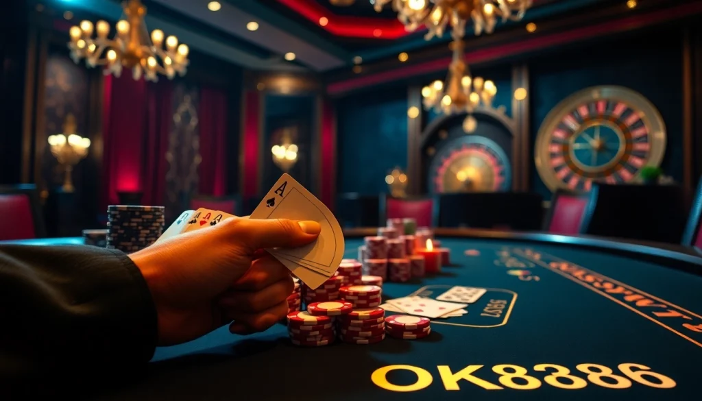 Experience the thrill of poker at OK8386's luxurious casino, featuring vibrant chips and cards.
