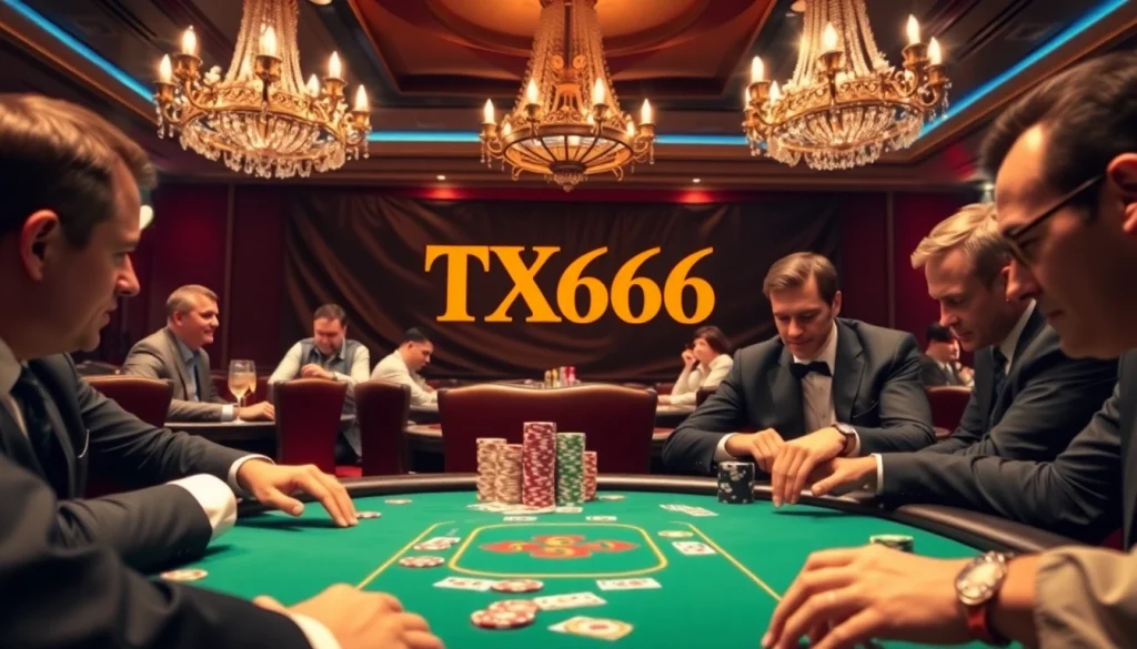 TX666 poker room offering thrilling high-stakes action with professional players and vibrant chips.
