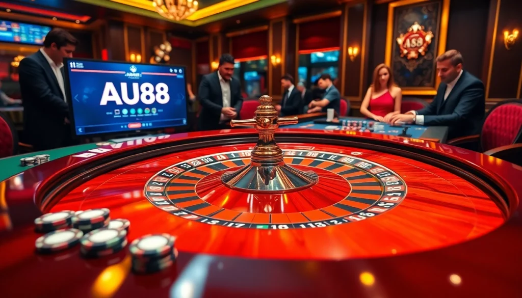 AU88 gamblers enjoying an engaging roulette game in an elegant casino setting.