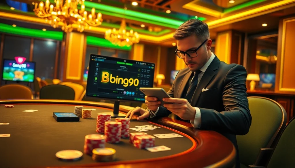 Bong99 casino scene with poker chips and digital betting interface showcasing an exciting gambling atmosphere
