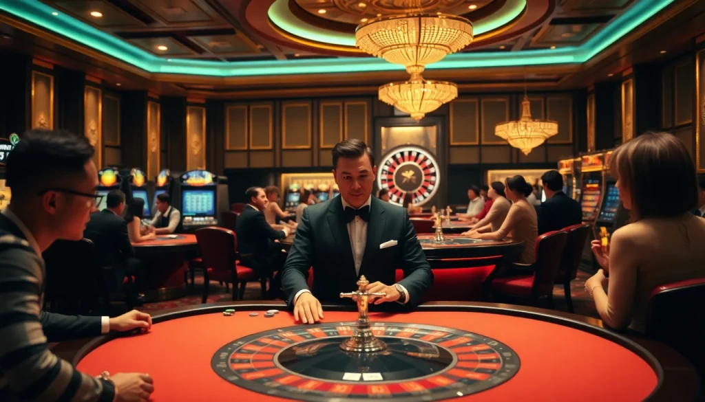 Experience the excitement at 9bet trang chủ with a vibrant casino setting featuring live gaming tables.