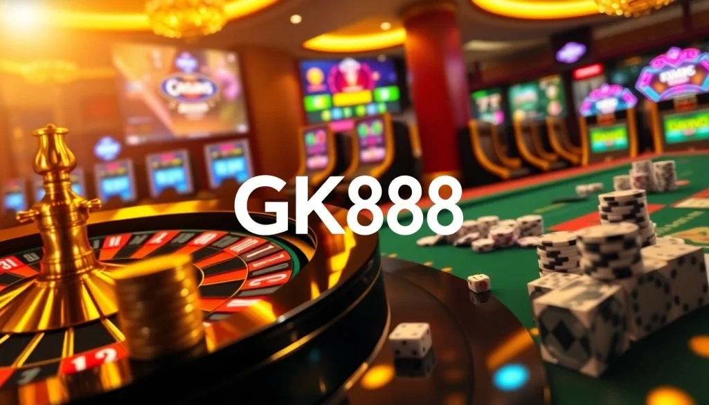 Engaging GK88 online casino scene featuring a vibrant roulette wheel, poker chips, and digital gaming interface.