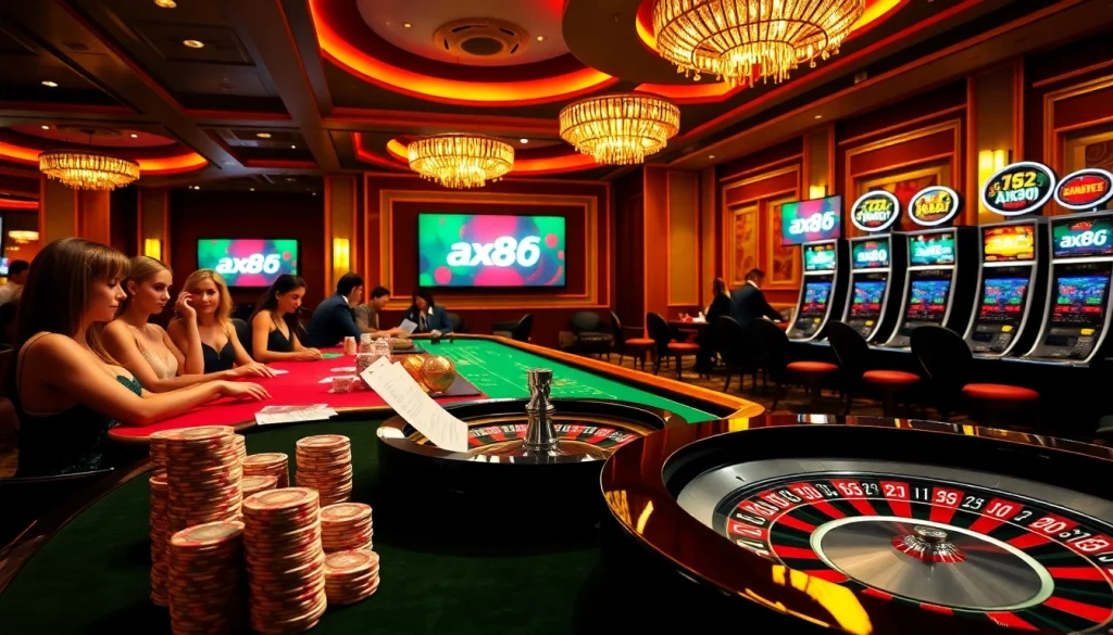 Experience thrilling gameplay at ax88.com with high-stakes poker and roulette tables in a lavish casino.