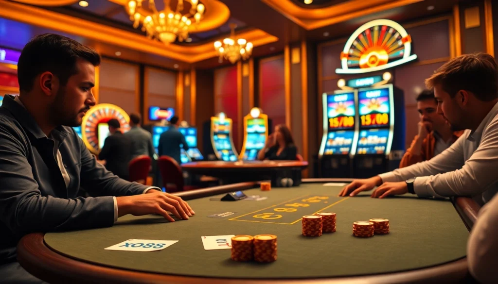 Players enjoying a thrilling poker game at xo88 casino with vibrant chips and cards.