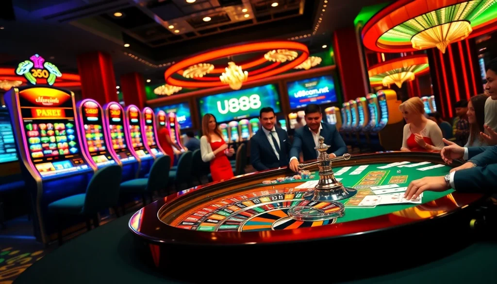 Experience the excitement of u888com.net with a dynamic casino scene featuring tables, cards, and chips.