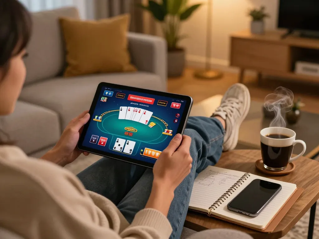 Engaging online gaming experience at home with MM88 on tablet, showcasing poker game.