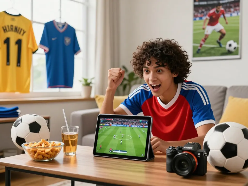 Enthusiastic fan enjoying luongsontv football match in cozy living room with memorabilia.