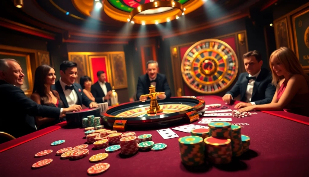 Gamblers enjoying a luxurious experience at MM88 casino table with poker chips and roulette wheel.
