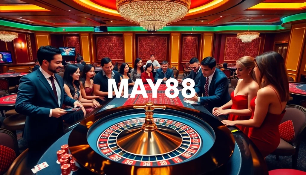 MAY88 showcases a vibrant casino atmosphere with excited players and elegant gaming tables.