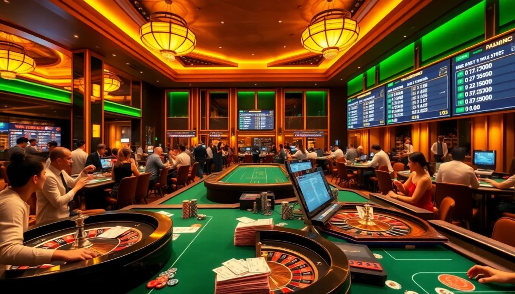 Engaged gamblers evaluating kèo bóng đá odds at a luxurious casino betting area.