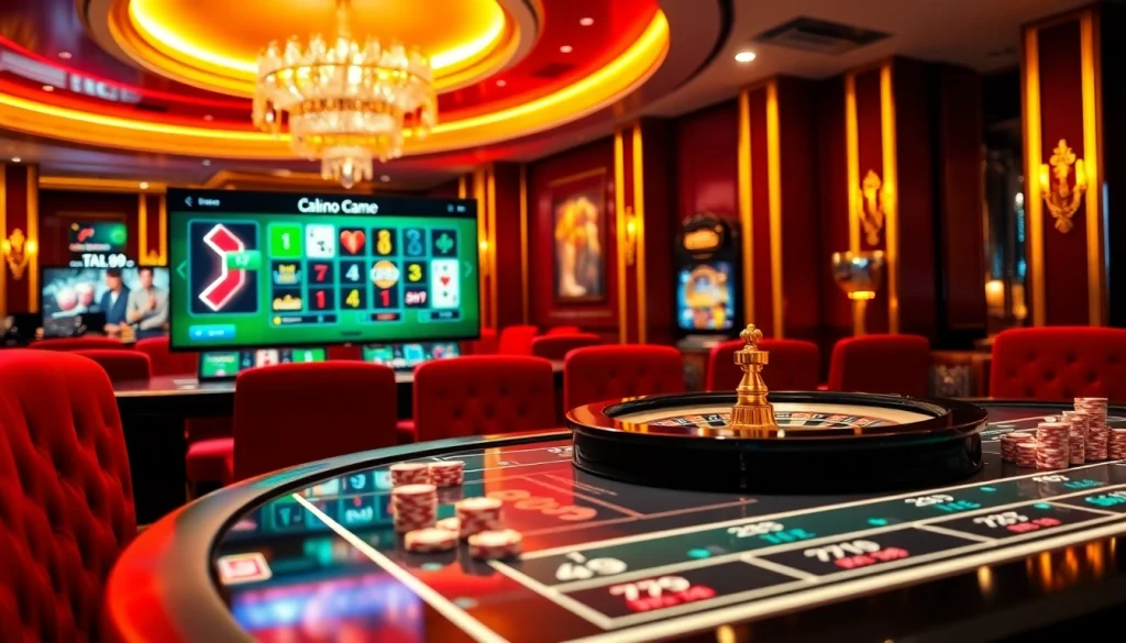Engaging scene of players betting on ta88 trang chủ, featuring casino tables and modern gaming interfaces.