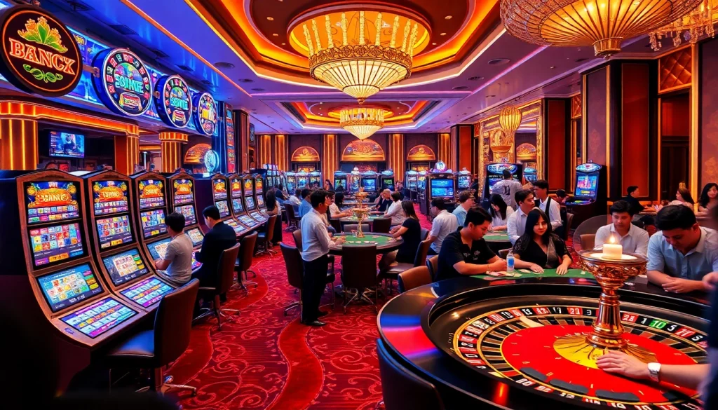Experience the thrilling atmosphere of SKY88 Casino with diverse gamblers at vibrant tables.