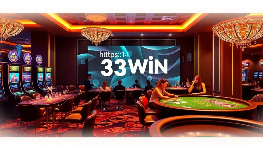 Casino scene featuring players at tables and slot machines promoting https://33win.property/ with excitement and luxury.