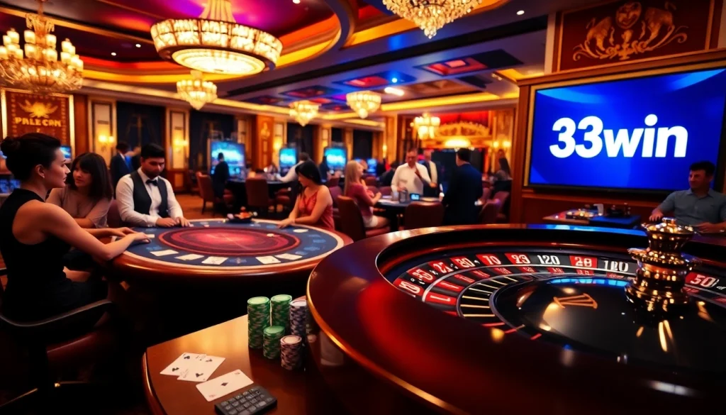 Gamblers enjoy an exciting moment at 33win with vibrant roulette and blackjack tables.