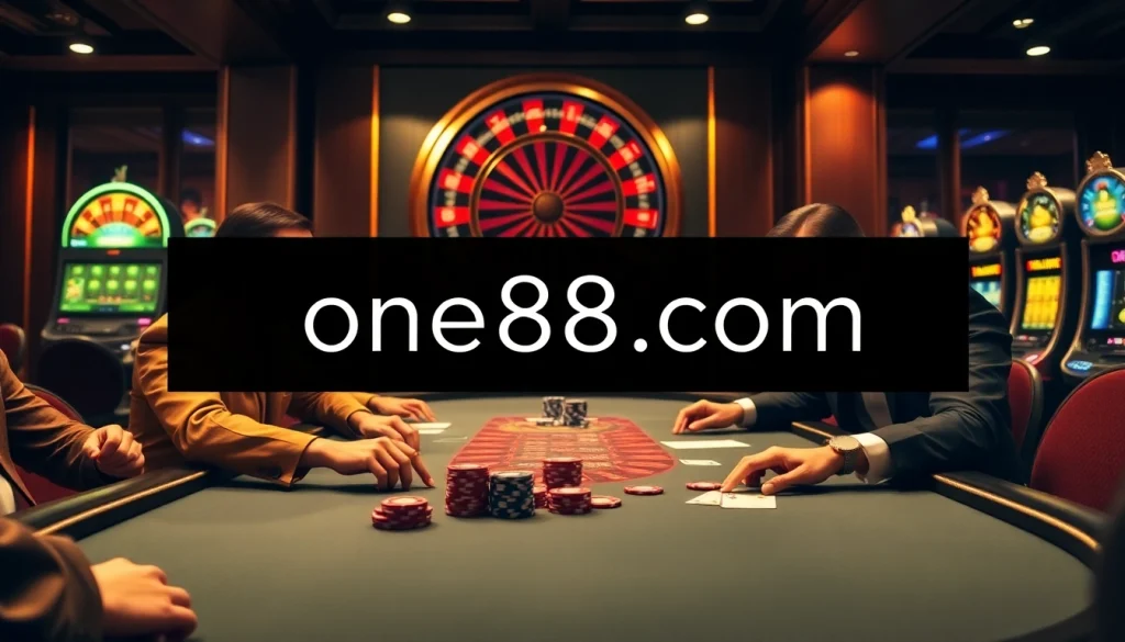 Experience excitement at one88 com with players engaging at a luxurious poker table.
