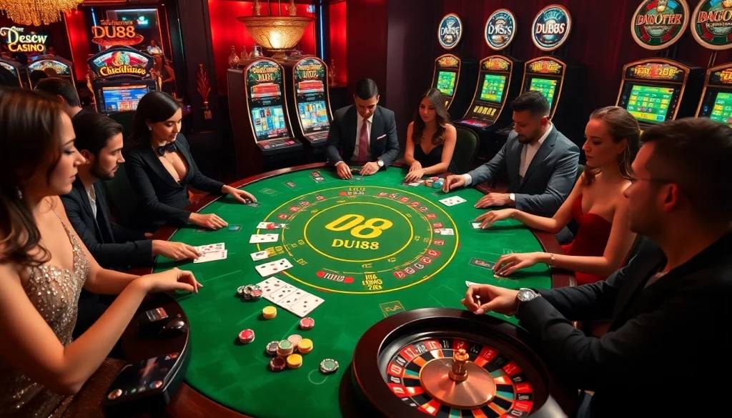 Guests playing at the DU88 casino table surrounded by poker chips and cards, showcasing a thrilling gambling atmosphere.