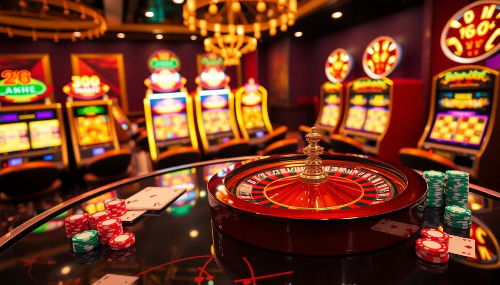 Experience thrilling gaming action at LC88 casino with vibrant slot machines and poker chips.