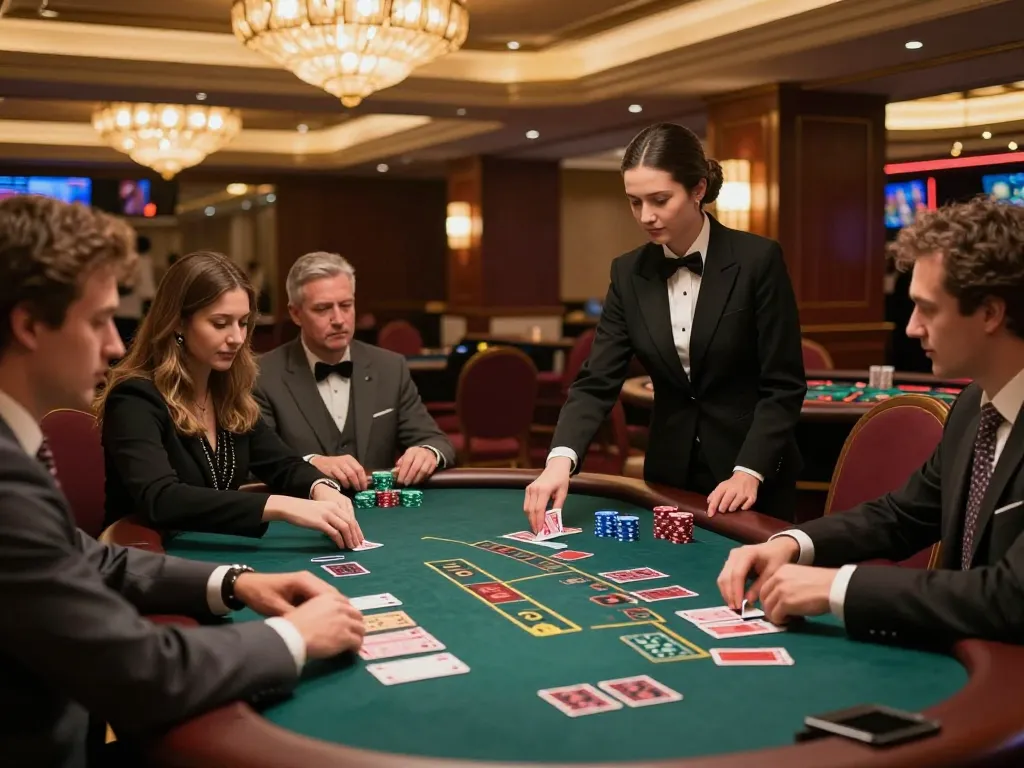 SKY88 blackjack players making strategic bets in a luxurious casino gaming area.