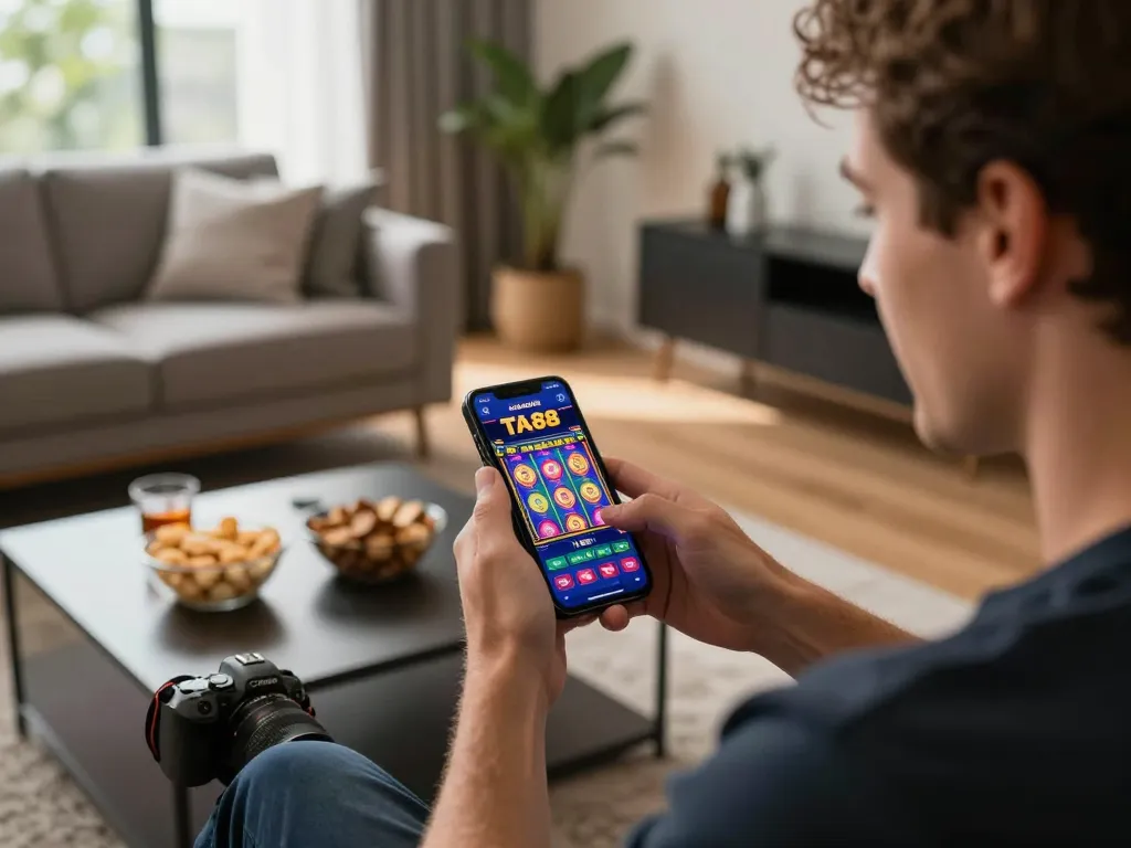 Player enjoying the TA88 casino app on their smartphone, engaging in thrilling gaming action