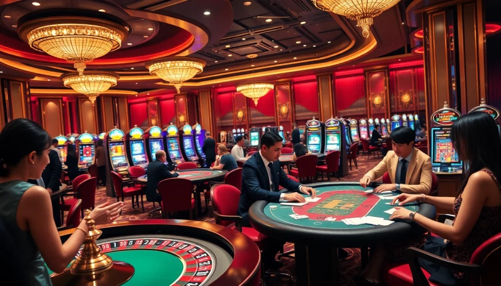Players immersed in strategy at one88 trang chủ casino tables, surrounded by vibrant gaming elements.