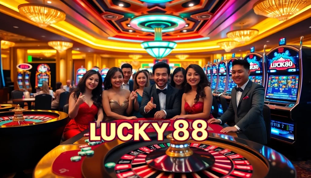 Players enjoy a thrilling game at the LUCKY88 slot machine, surrounded by vibrant casino elements.