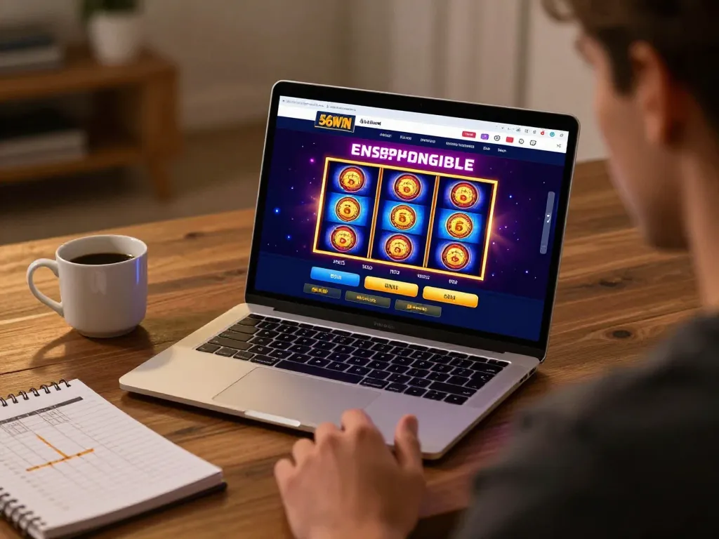 Engaged player accessing 56WIN online casino app on laptop at home.