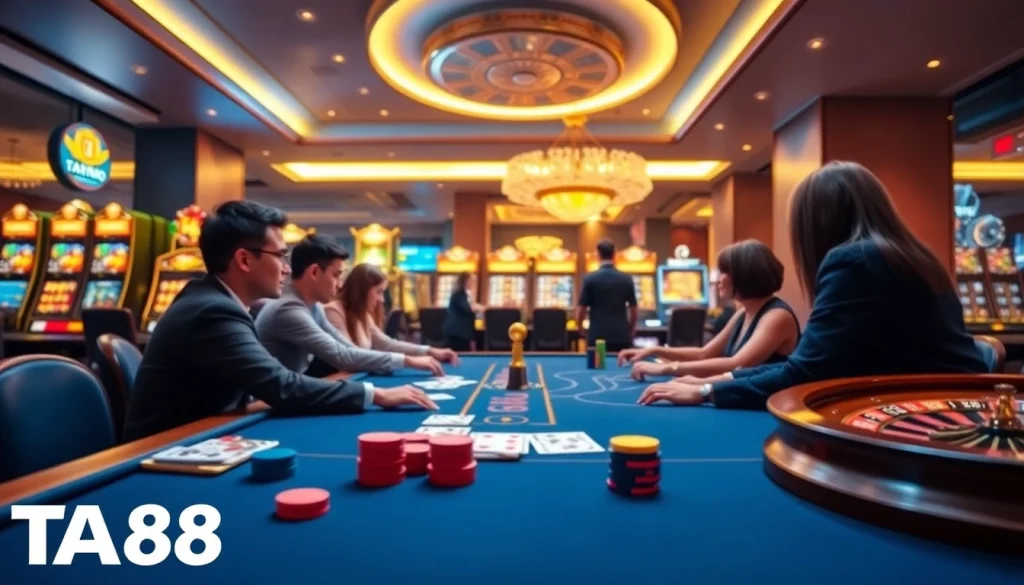 Thrilling poker game scene at https://ta88.help/ with casino elements and vibrant atmosphere.
