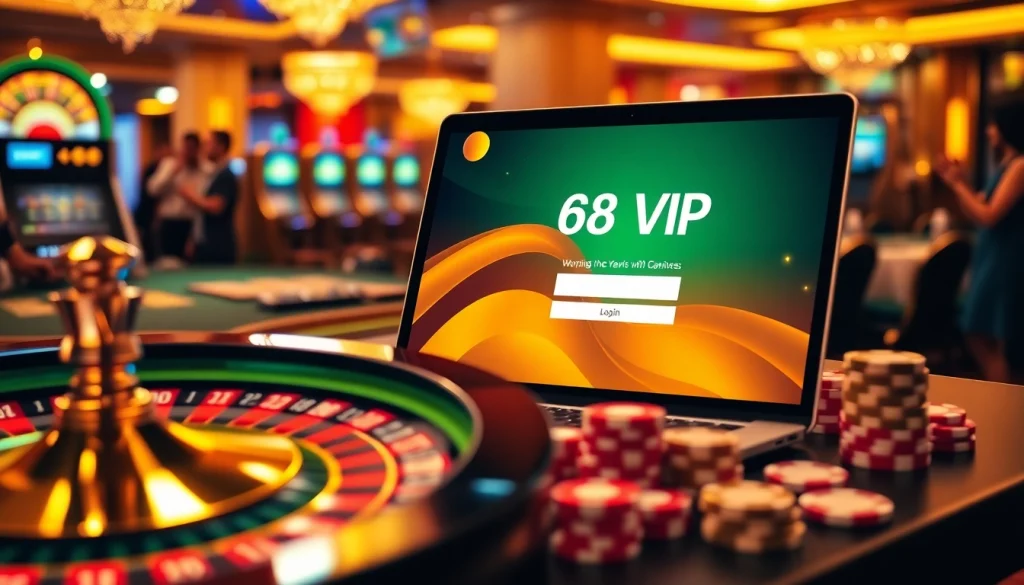 Experience the thrill of Đăng Nhập Nhà Cái 68VIP with an exciting casino scene featuring roulette and poker.