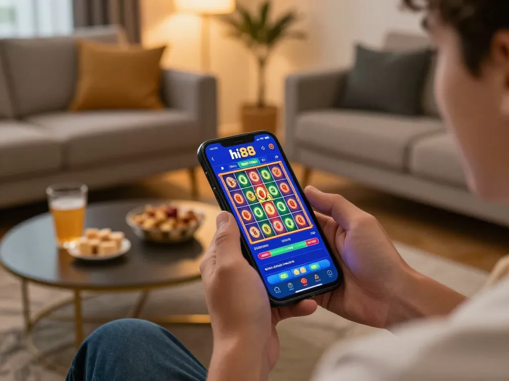 Player enjoying mobile slots on the hi88 app in a cozy living room, showcasing a modern entertainment scene.