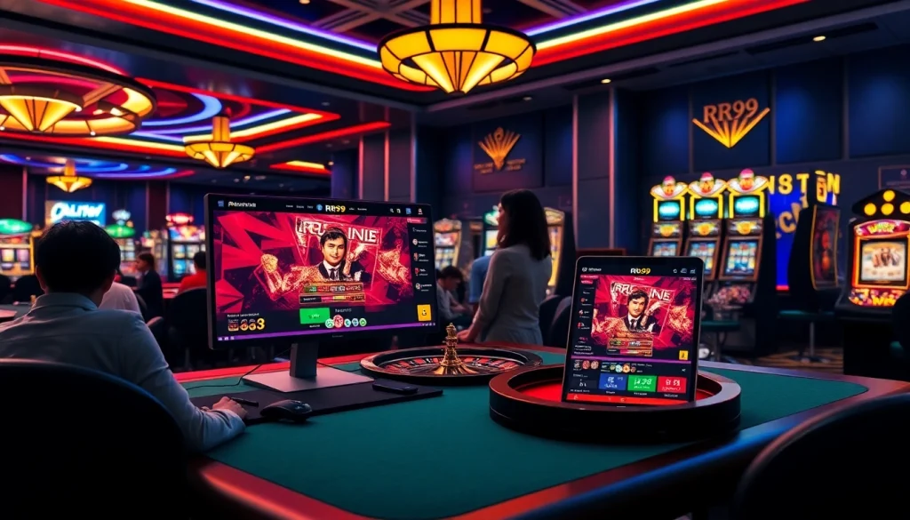 Experience excitement at RR99 with thrilling gambling visuals featuring live dealers and vibrant gaming tables.