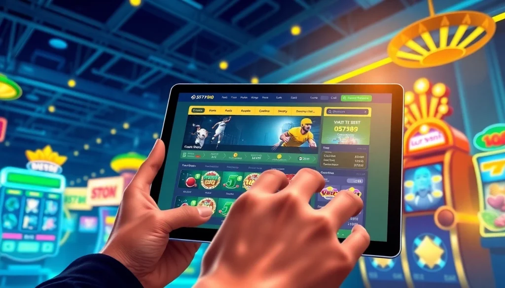 Interactive scene of a user engaging with https://057789.com/ online gambling platform, showcasing diverse gaming options.