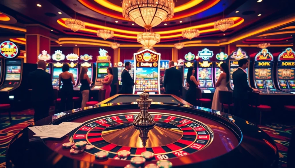 Players enjoying roulette and slot machines at a luxurious casino inspired by https://vk88a.com/.