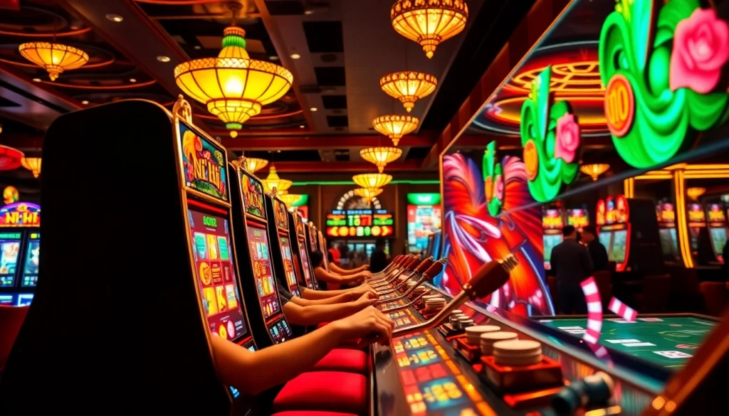 Experience the thrill of nổ hũ at a luxurious casino with vibrant slot machines and excited players.