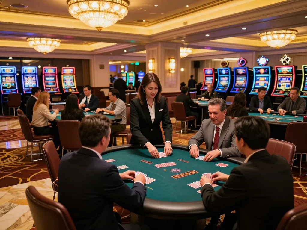 Players shuffling cards and placing bets at a vibrant casino floor scene showcasing the allure of ku88q.