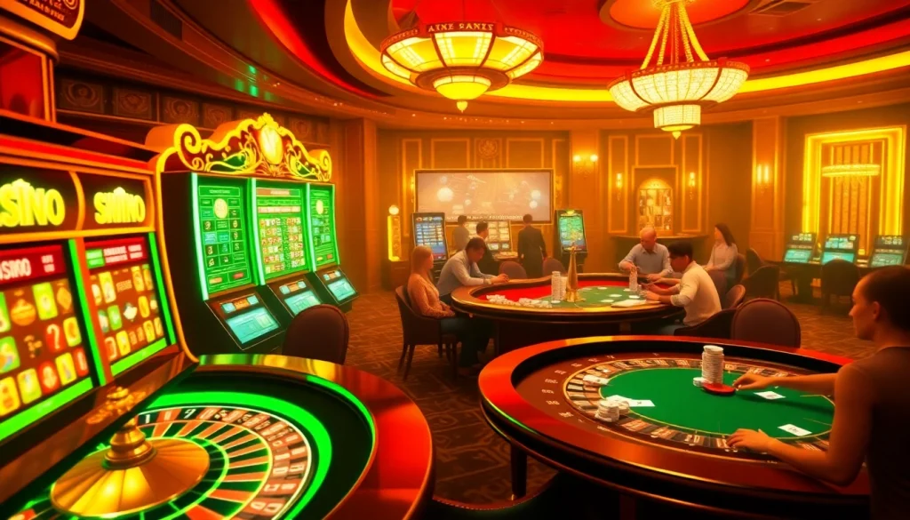Iwin68 gamers enjoying a thrilling online casino experience with vibrant slot machines and roulette.