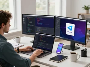 引人入胜的技术工作空间，展示动态编码环境，强调Telegram下载以实现有效的沟通解决方案。