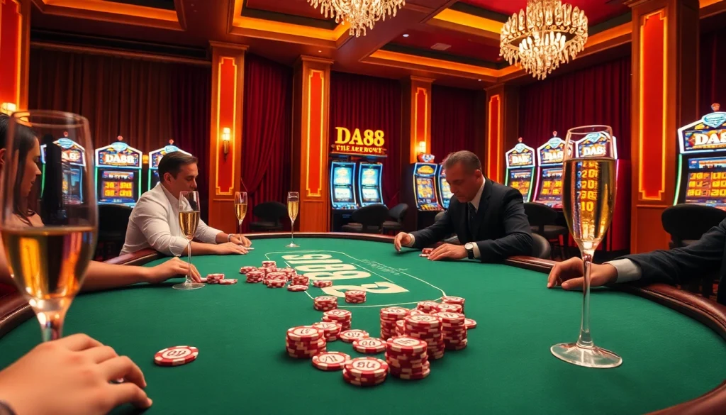 Gamblers enjoying a high-stakes poker game at the DA88 casino with vibrant lights and chips on the table.