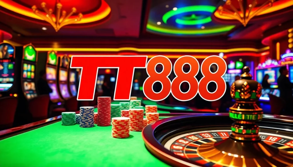 Experience the thrill of TT88 casino gaming with vibrant slot machines and poker chips in action.