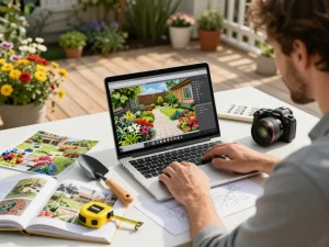 Conception d'un aménagement de jardin avec le logiciel configurateur 3D aménagement extérieur dans un cadre de jardin vibrant.